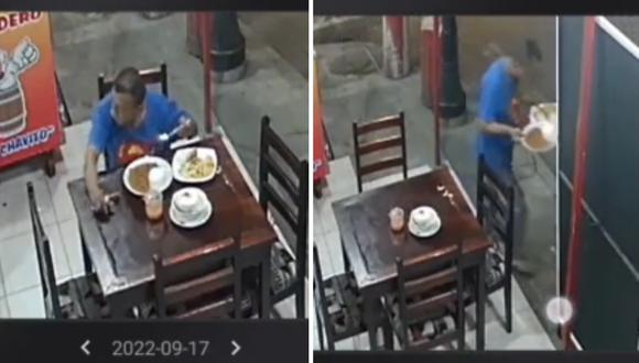 El ladrón fugó raudamente con los platos de comida en la mano. (Foto: @diegonicolaslozamejia)