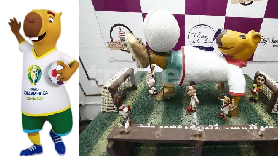 'Zizito’, la mascota de la Copa América 2019, se luce en escultura de chocolate, haciendo una 'chalaquita' y con camiseta blanquirroja, (Fotos: Trome / César Campos)