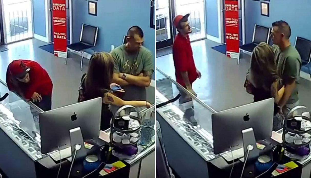 La pareja estaba conversando con el encargado de la tienda cuando el novio notó el accionar del sujeto. (YouTube: NewsTube)