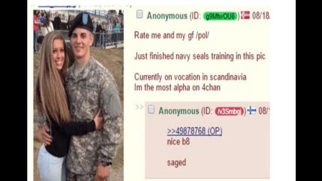 Un Navy Seal colgó la foto al lado de su novia en 4chan, pero los usuarios respondieron que era una actriz porno. (4chan)