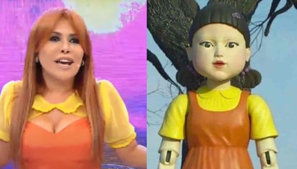 'La Urraca' Magaly Medina apareció con disfraz de la serie de moda, El Juego de El Calamar. (Captura TV / Redes sociales)