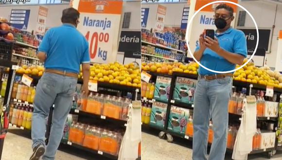 El hombre ingresa la área de frutas de un supermercado y le toma una foto a una mujer sin su permiso. (Imagen: @lelenguadeperros / TikTok)