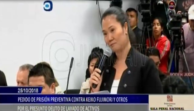 Keiko Fujimori, lideresa de Fuerza Popular, tomó la palabra en la audiencia en la Sala Penal Nacional. (Capturas: Justicia TV)