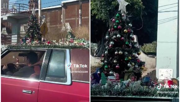 Hombre decoró su coche con nacimiento y un árbol de Navidad. (Foto: @kpmendozae / TikTok)