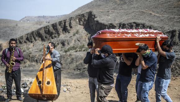 Familiares llevan el ataúd de una presunta víctima de coronavirus COVID-19 mientras los músicos tocan en el cementerio Nueva Esperanza, uno de los más grandes de América Latina, en las afueras del sur de Lima. (Foto de ERNESTO BENAVIDES / AFP).