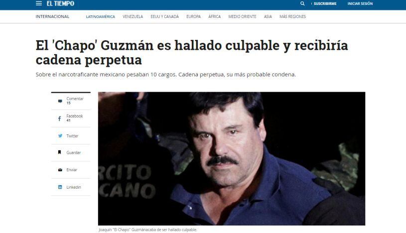 Un jurado de Nueva York declaró culpable de todos los cargos a "El Chapo" Guzmán. (Foto: El Tiempo)
