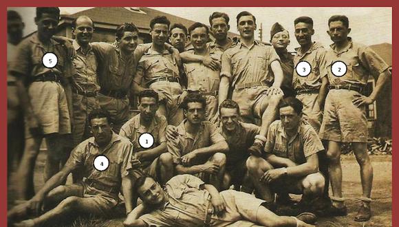 En un campo de entrenamiento en Canadá aparecen Jorge Sanjinez (1), Luis Chirichigno (2), Arnoldo Zamora (3), Carlos Pérez Barreto (4) y Carlos Oyanguren (5). Junto a otros voluntarios partirían al norte de Francia para liberar a Europa del dominio nazi.