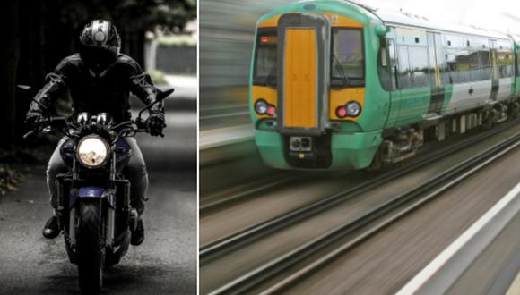 Estas son imágenes referenciales de un motociclista que está pasando por una carretera y un tren que va a toda velocidad. (Foto: SplitShire y Shutterbug75 en Pixabay)