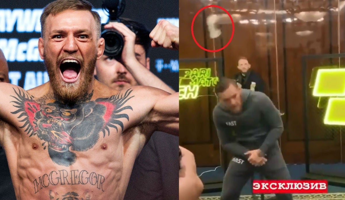 Botella de agua pasó a centímetros de la cabeza de Conor McGregor. (Redes sociales/ Agencias)