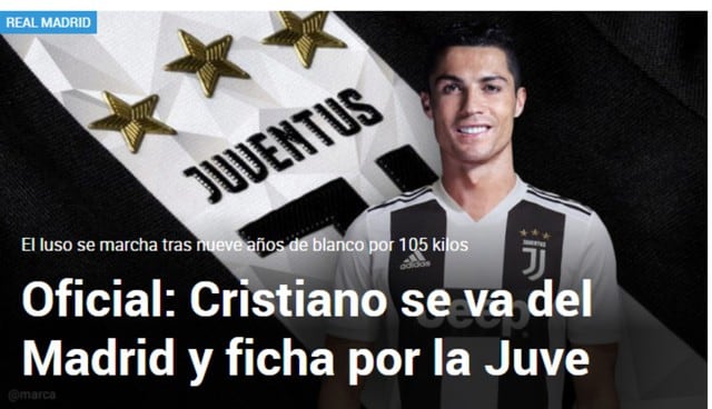 Principales portadas del mundo informan el fichaje de Cristiano Ronaldo a Juventus. (Foto: Marca)
