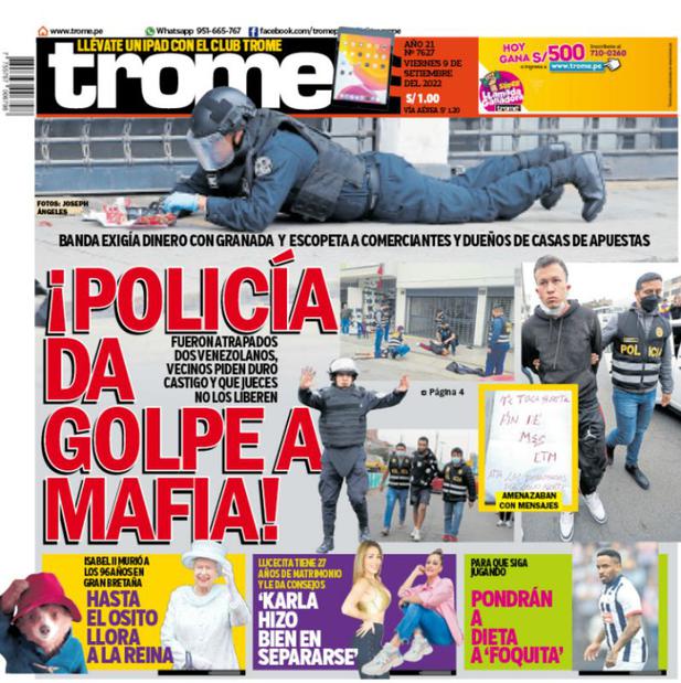 Portada impresa de Trome del viernes 9 de setiembre | POLICÍA DA GOLPE A MAFIA