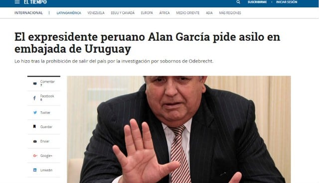 Así informó la prensa extranjera el pedido de asilo de Alan García en la embajada de Uruguay. (Foto: El Tiempo)