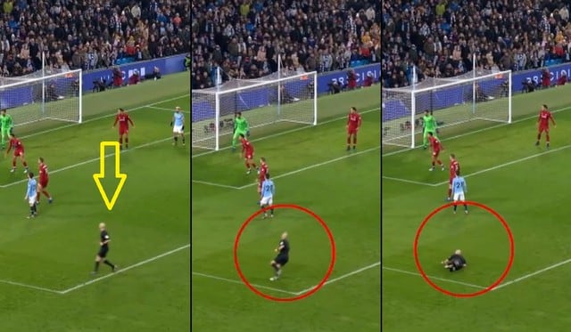 Bloopler: Árbitro resbala y cae de cara en pleno partido Manchester City vs Liverpool