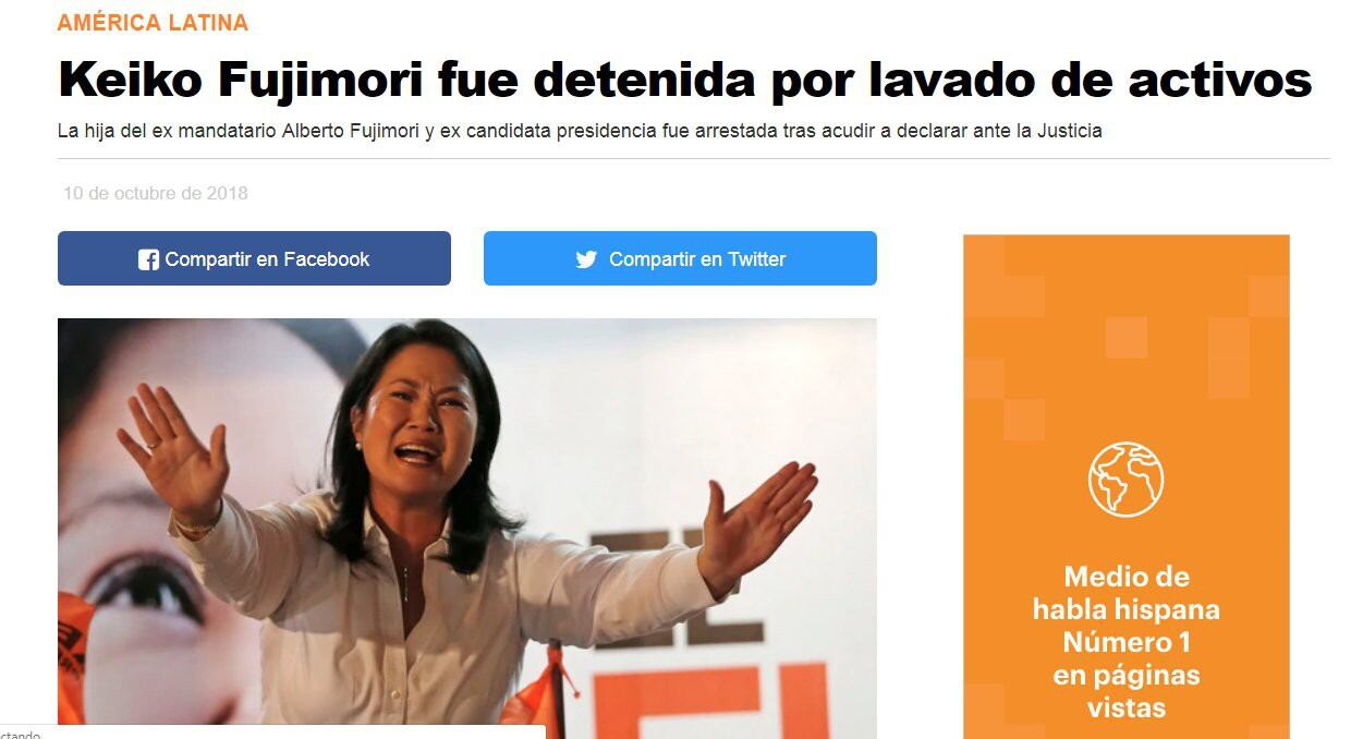 La detención de Keiko Fujimori en la portada de Infobae.