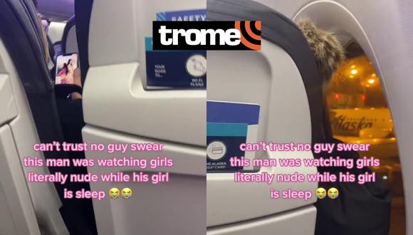 Un video viral muestra el cuestionable accionar de un hombre durante un vuelo al ver videos subidos de tono junto a su novia dormida. | Crédito: @sandyprudente / TikTok