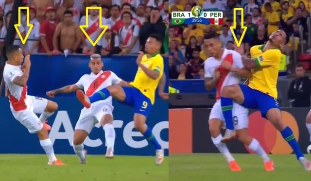 Gabriel Jesus y su violenta doble falta sobre Trauco y Yotún en el Perú vs Brasil por final de la Copa América