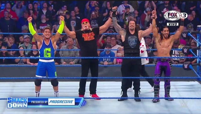 Hulk Hogan, Roman Reigns y los técnicos celebraron tremenda victoria. ( Captura FOX Sports 3)