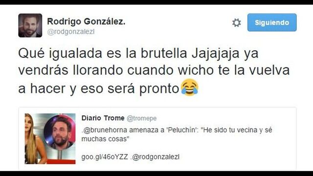Luego de que Brunella Horna amenazara a Rodrigo González ‘Peluchín’, este último le respondió por Twitter, iniciando una guerra virtual. (Imagen: Twitter)