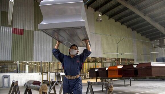 Un empleado trabaja en la fabricación de ataúdes de acero en la Platinum Casket Company en Los Reyes Acaquilpan, México, en medio de la nueva pandemia de coronavirus. (Foto: AFP/CLAUDIO CRUZ)