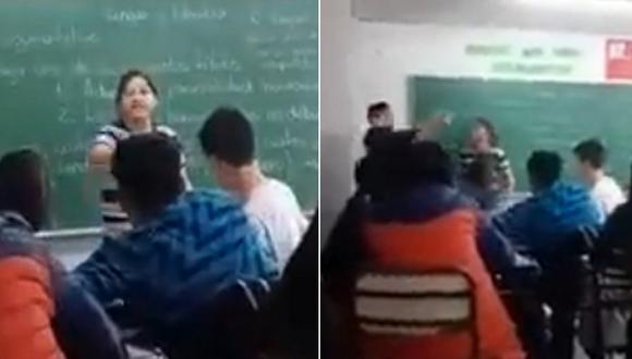 La madre de familia ingresó de forma intempestiva al aula y buscó al alumno que molestaba a su hijo. (Foto: Twitter)