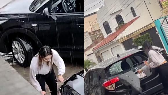 Enfurecida y bajo la lluvia, la joven fue captada destruyendo el automóvil de su pareja. (Twitter: @SimpsonitoMX y @carlobeno)