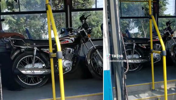 En esta imagen se aprecia una motocicleta dentro de un bus. (Foto: @paulocesarponcepa / TikTok)