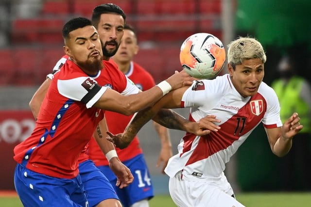Chile's Paulo Diaz (L) and Peru's Raul Ruidiaz vie for the ball during their closed-door 2022 FIFA World Cup South American qualifier football match at the National Stadium in Santiago, on November 13, 2020. (Photo by Martin BERNETTI / POOL / AFP)