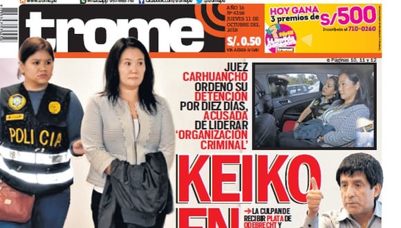 Keiko Fujimori en prisión: Portada impresa 11-10-18