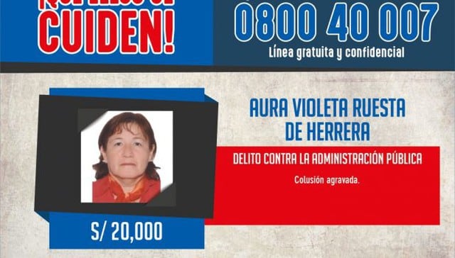 Por información de ex alcaldesa se distrital de Castilla (Piura), Aura Violeta Rusta de Herrera, se ofrece recompensa de 20,000 soles.