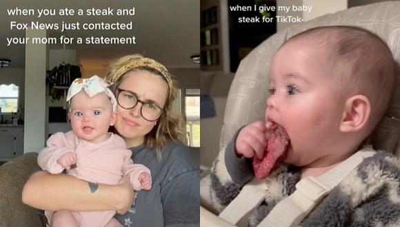 La pequeña Eliza tiene 6 meses y es la protagonista de un video viral en donde come carne semi cocida bajo la supervisión de su madre Katie Harley. (Foto: @mrskatieharley / TikTok)