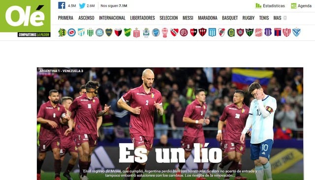 La reacción de los medios argentinos tras la derrota de su selección ante Venezuela
