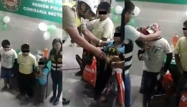 Policías sorprenden a niños vendedores de golosinas con 'Operativo felicidad'. Foto: Captura de pantalla de video de Facebook