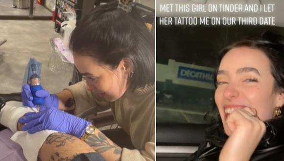 En esta imagen se aprecia a la chica de esta historia haciendo un tatuaje en la pierna de su actual pareja. (Foto: @donntorino / TikTok)