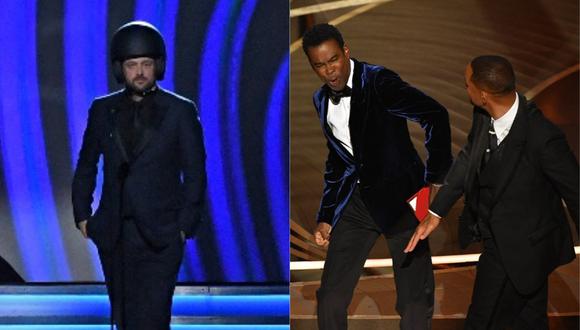Comediante subió al escenario con casco y revivió la polémica entre Will Smith y Chris Rock. (Foto: AFP)