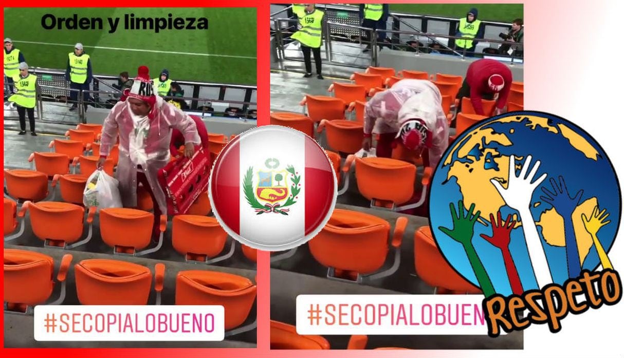 Hinchas peruanos siguen el ejemplo de japoneses al limpiar estadio tras caer derrotados ante la escuadra de Francia en Rusia 2018.