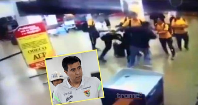 Entrernador de Bolivia atacó salvajemente a hincha en aeropuerto.