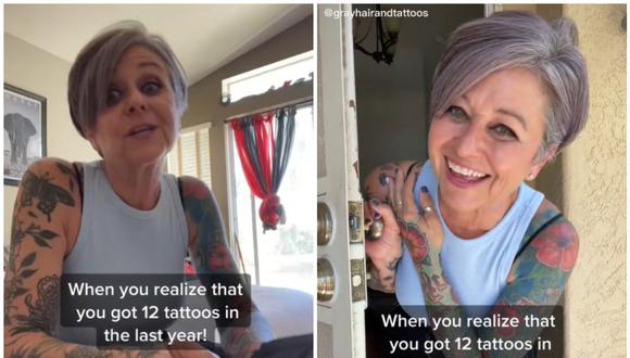 Mujer cuenta que se hizo 12 tatuajs en un años y la critican por eso. (Foto: @grayhairandtattoos / TikTok)