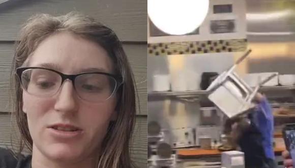 Halie es el nombre de la joven mujer que se volvió viral por bloquear un sillazo que le arrojaron en plena batalla campal en un restaurante de Austin, Texas. | Crédito: @rbaylor_74 / Twitter / Dexerto