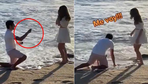 El novio enseña el anillo a su novia, pero luego la sortija cae en el mar. (Imagen: @michelena.mo / TikTok)