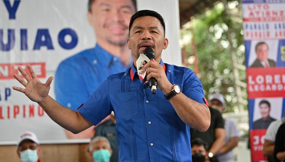 Los sondeos preelectorales daban pocas opciones de victoria a Manny Pacquiao. En el recuento inicial, la estrella del cuadrilátero obtuvo unos 4 millones de votos (6,6%), quedando en tercera posición por detrás de Marcos Jr y la liberal Leni Robredo.(Foto: Ted ALJIBE / AFP)