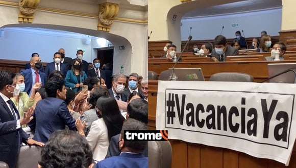 Pedro Castillo: Congresistas se enfrentaron en el pleno por pancarta que decía “#VacanciaYa” (Foto: Twitter)