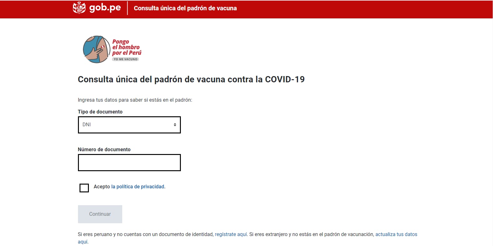 La consulta en la plataforma Pongo el Hombro se hace con el número de documento de identidad. (Imagen: Minsa)