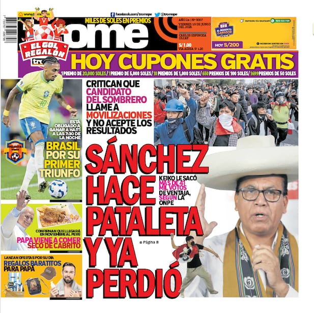 Portada impresa de Trome del viernes 19 de junio de 2026
