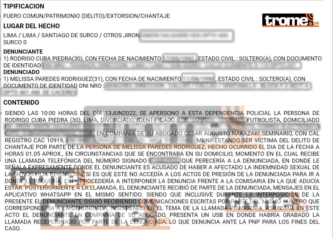 Este es el atestado policial con la denuncia de Rodrigo Cuba sobre Melissa Paredes.