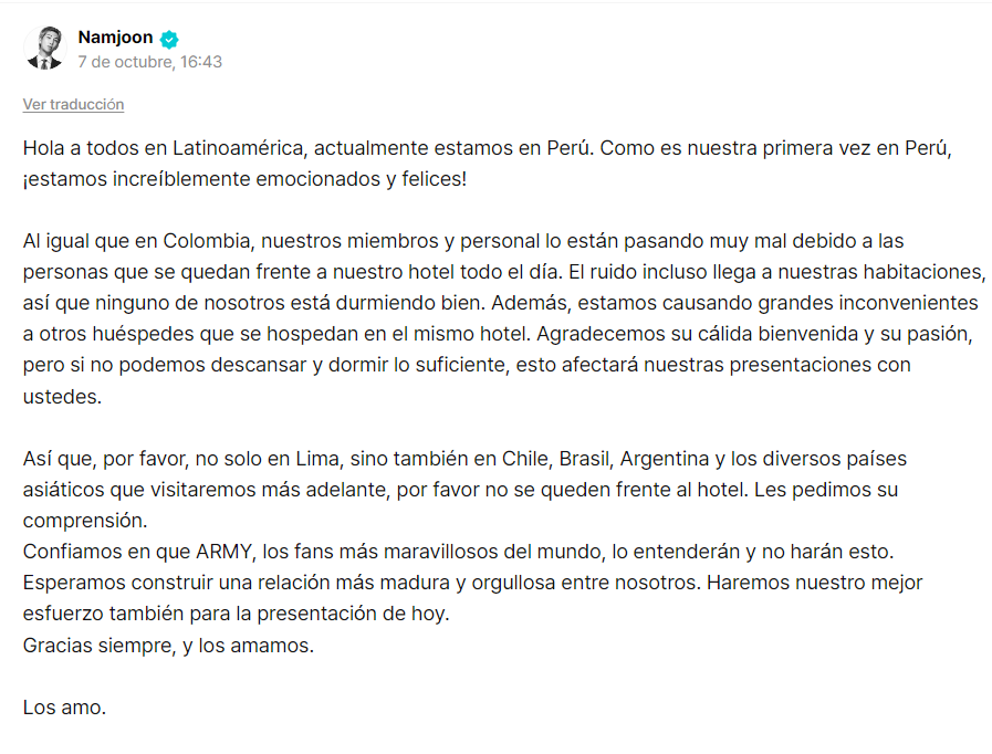 Mensaje de RM a sus fans | Foto: Captura de Weverse