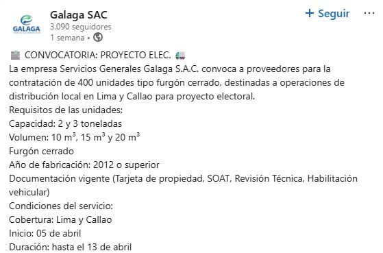 Esta es la convocatoria que hizo Galaga hace una semana en LinkedIn.