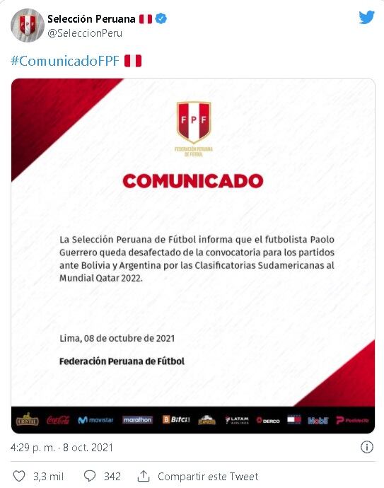 La Selección Peruana sufre la baja de Paolo Guerrero. (Twitter selección)