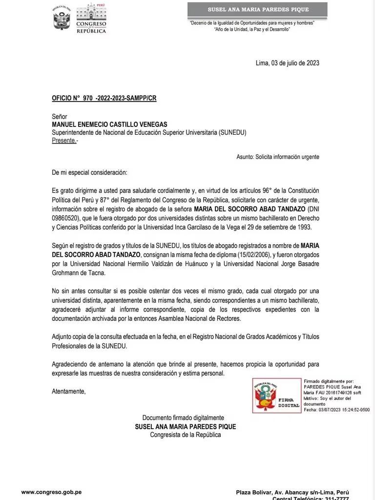 Documento remitido por congresista Susel Paredes sobre estudios de fiscal María Abad.