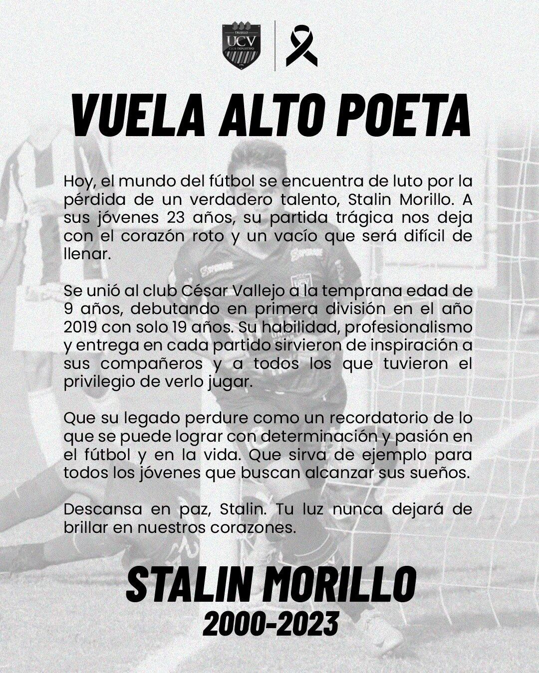 Club César Vallejo anunció muerte del futbolista Stalin Morillo. Foto: Facebook de César Vallejo