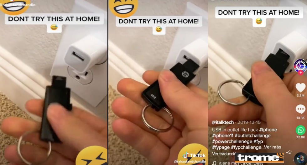 Peligroso reto de conectan una memoria USB al transformador del cargador del celular, enchufado al tomacorriente.